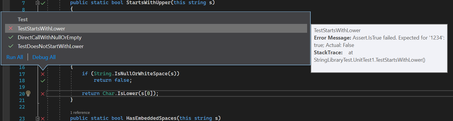 Captura de pantalla que muestra información sobre herramientas de prueba con errores en Visual Studio.