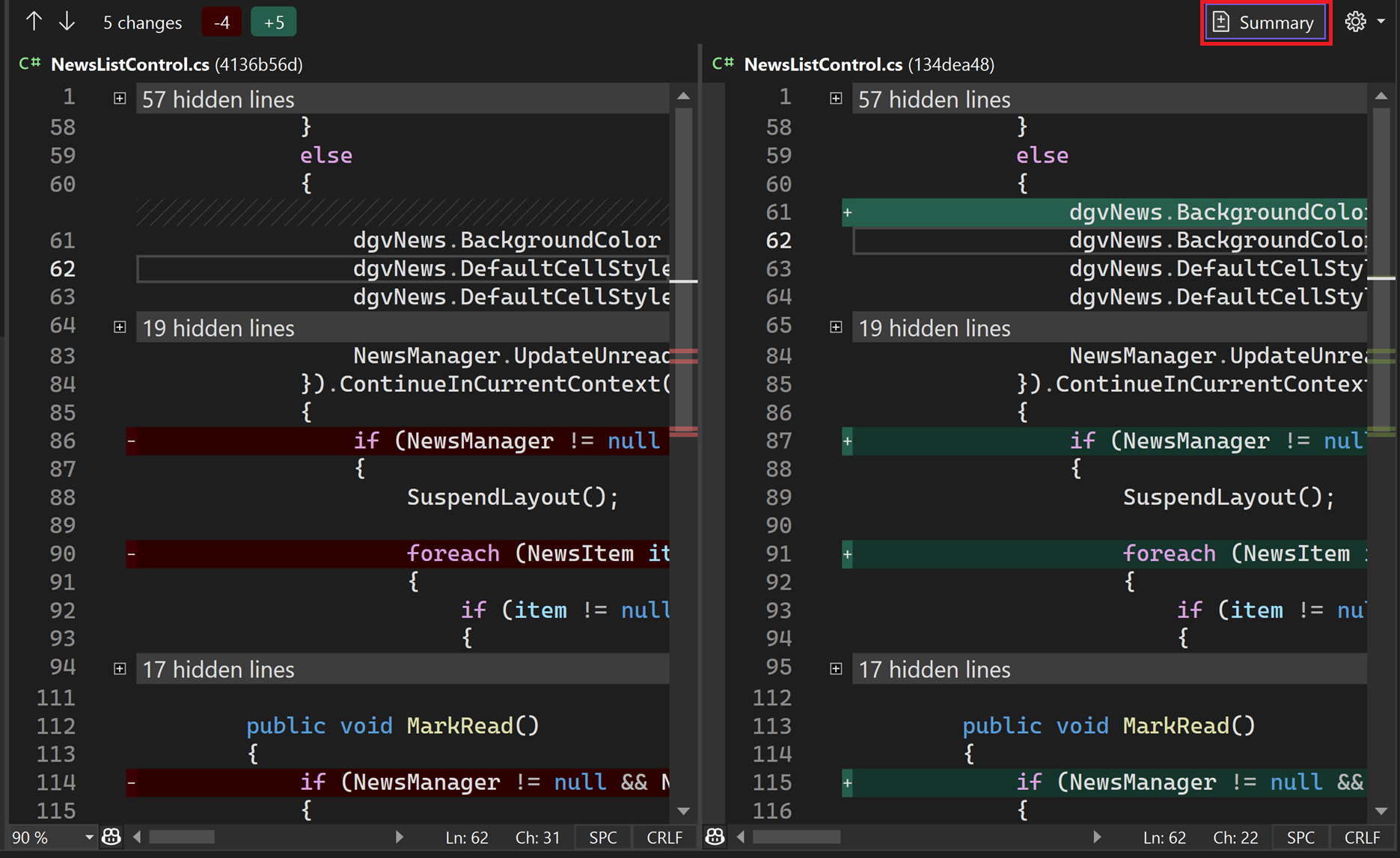 La ventana Nueva solicitud de cambios con el texto del botón de resumen resaltado en Visual Studio 2022.