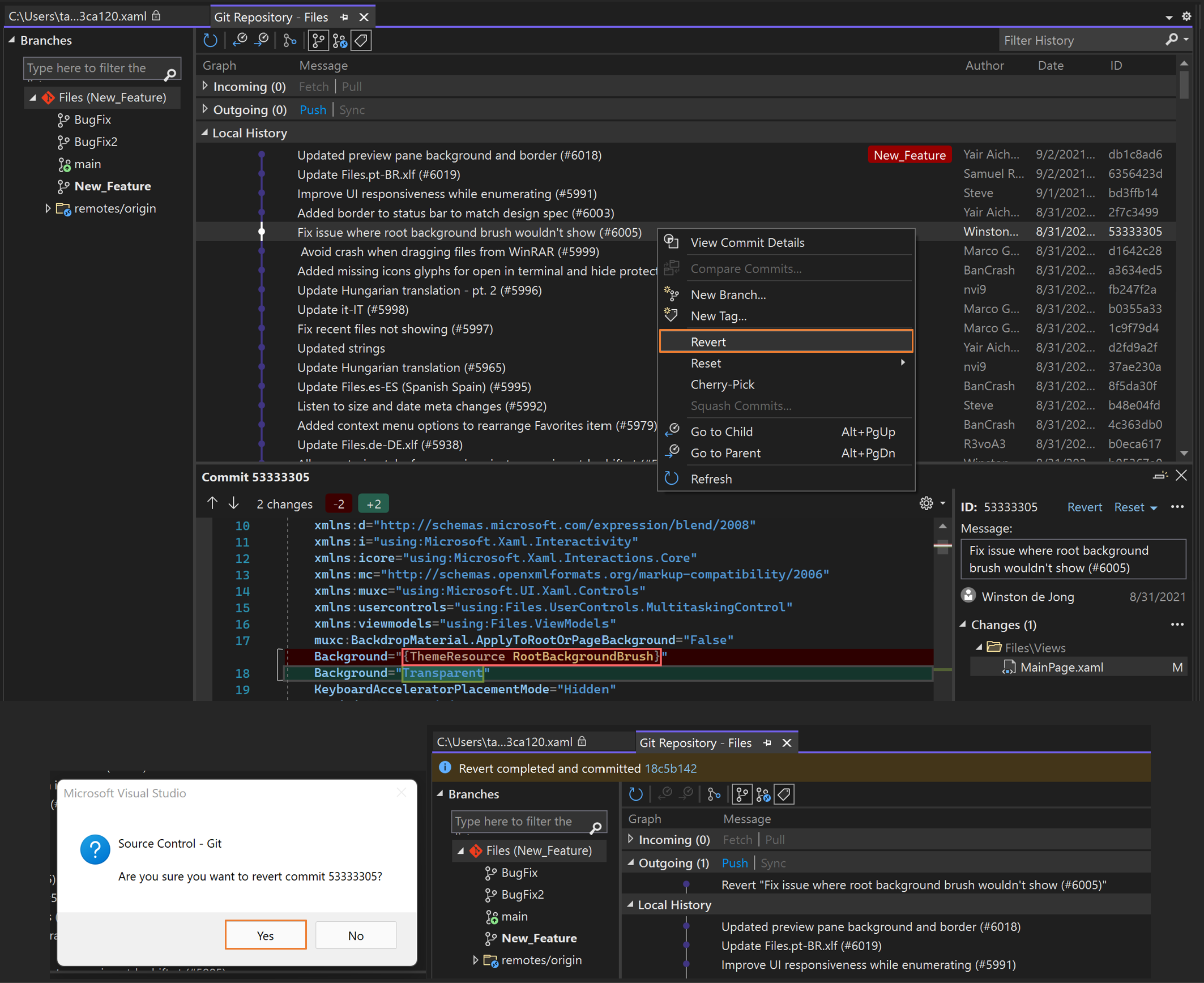 Captura de pantalla de la reversión en Visual Studio.