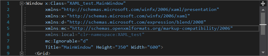 Captura de pantalla del editor de código XAML, solo en el panel central, en Visual Studio 2019 El editor de código XAML, solo el panel central, en Visual Studio