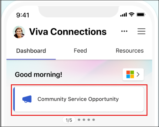 Captura de pantalla que muestra el aspecto de un anuncio en Viva Connections en un dispositivo móvil.