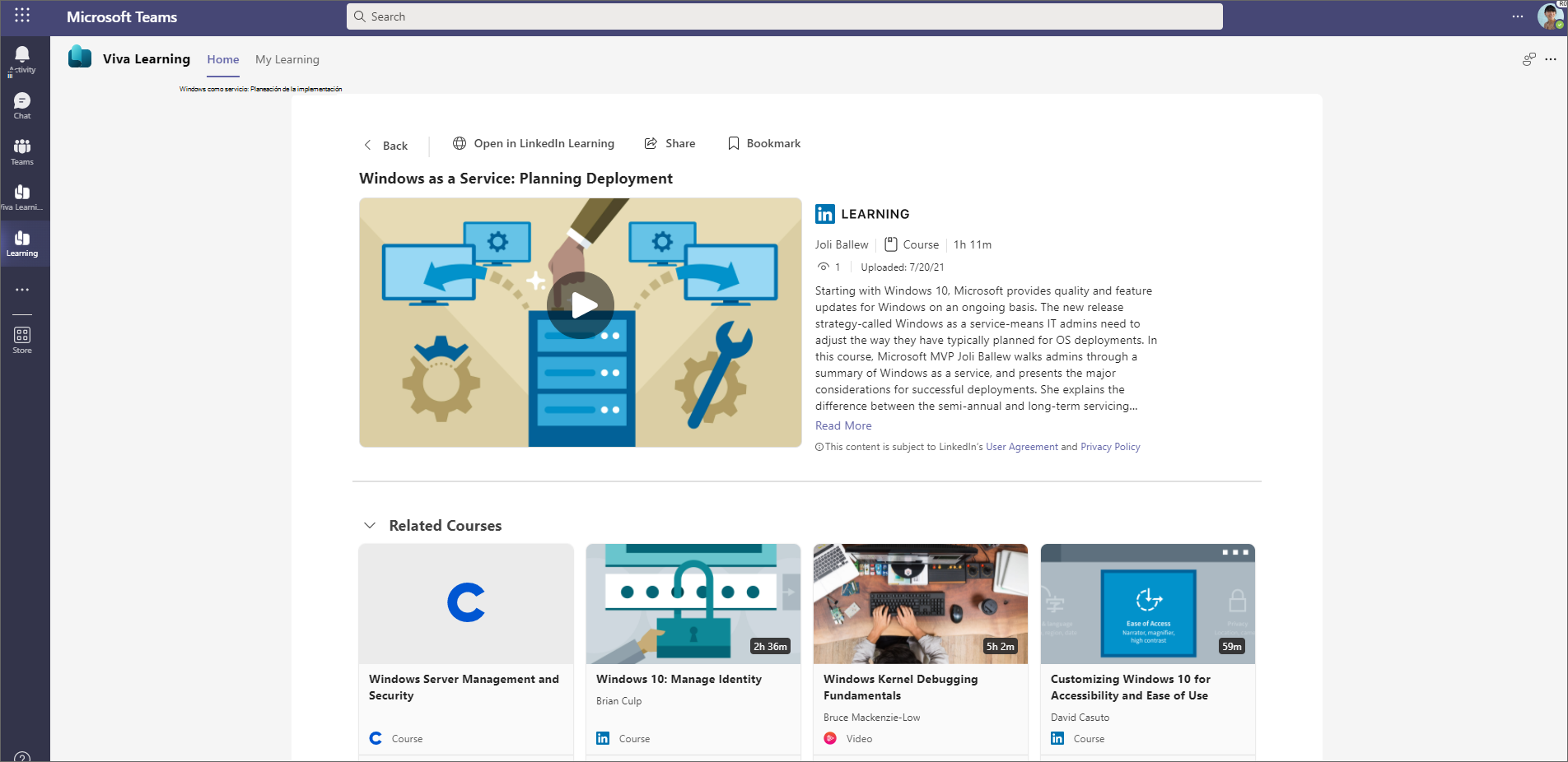 Captura de pantalla de la página principal Viva Learning en Teams.