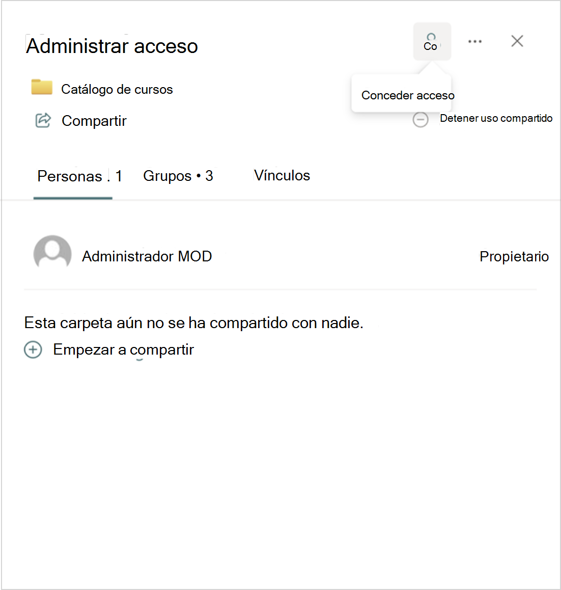 Captura de pantalla de las opciones Administrar acceso.