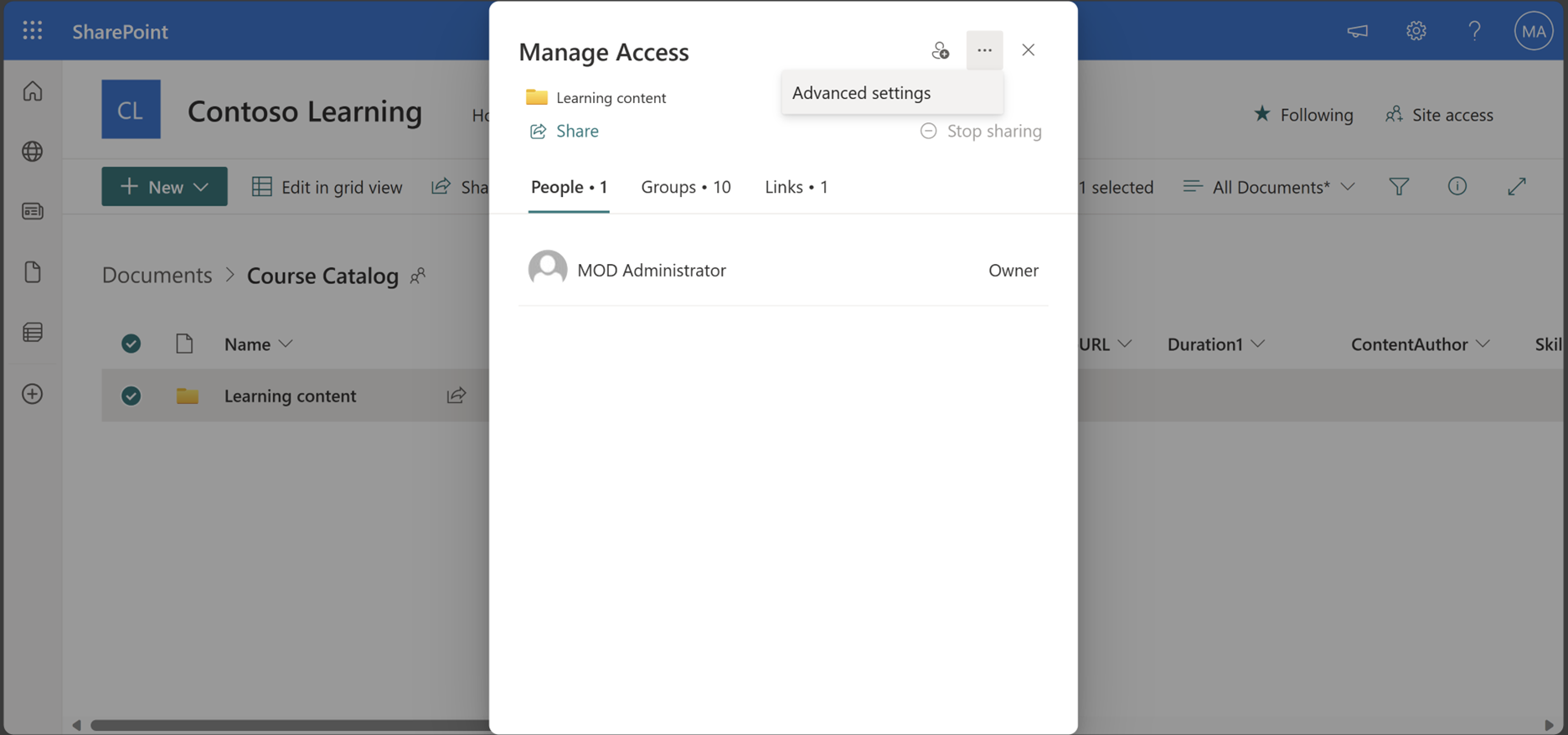 Captura de pantalla de la configuración avanzada de Administrar acceso a SharePoint.