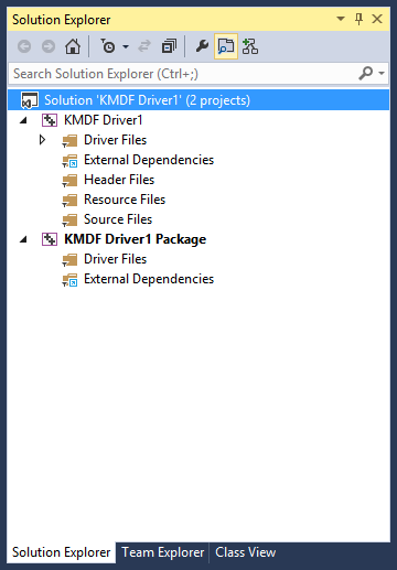 Proyecto de paquete de controladores del Explorador de soluciones de Visual Studio.