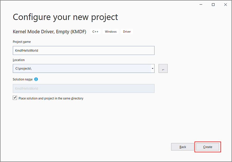 Captura de pantalla del cuadro de diálogo Configurar nuevo proyecto de Visual&nbsp;Studio con el botón Crear resaltado.