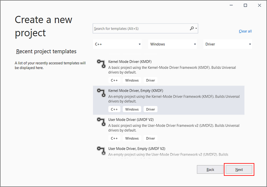 Captura de pantalla del cuadro de diálogo nuevo proyecto de Visual Studio con la opción controlador en modo kernel seleccionada.