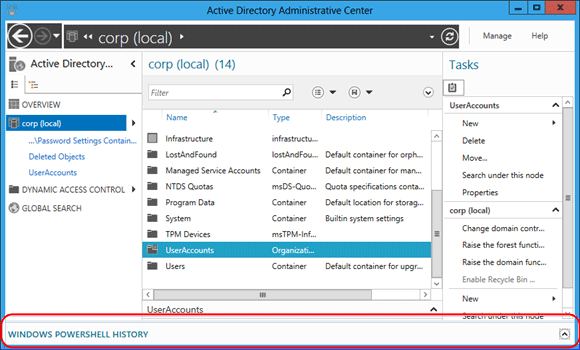Captura de pantalla en la que se muestra el Visor del historial de Windows PowerShell del Centro de administración de Active Directory.