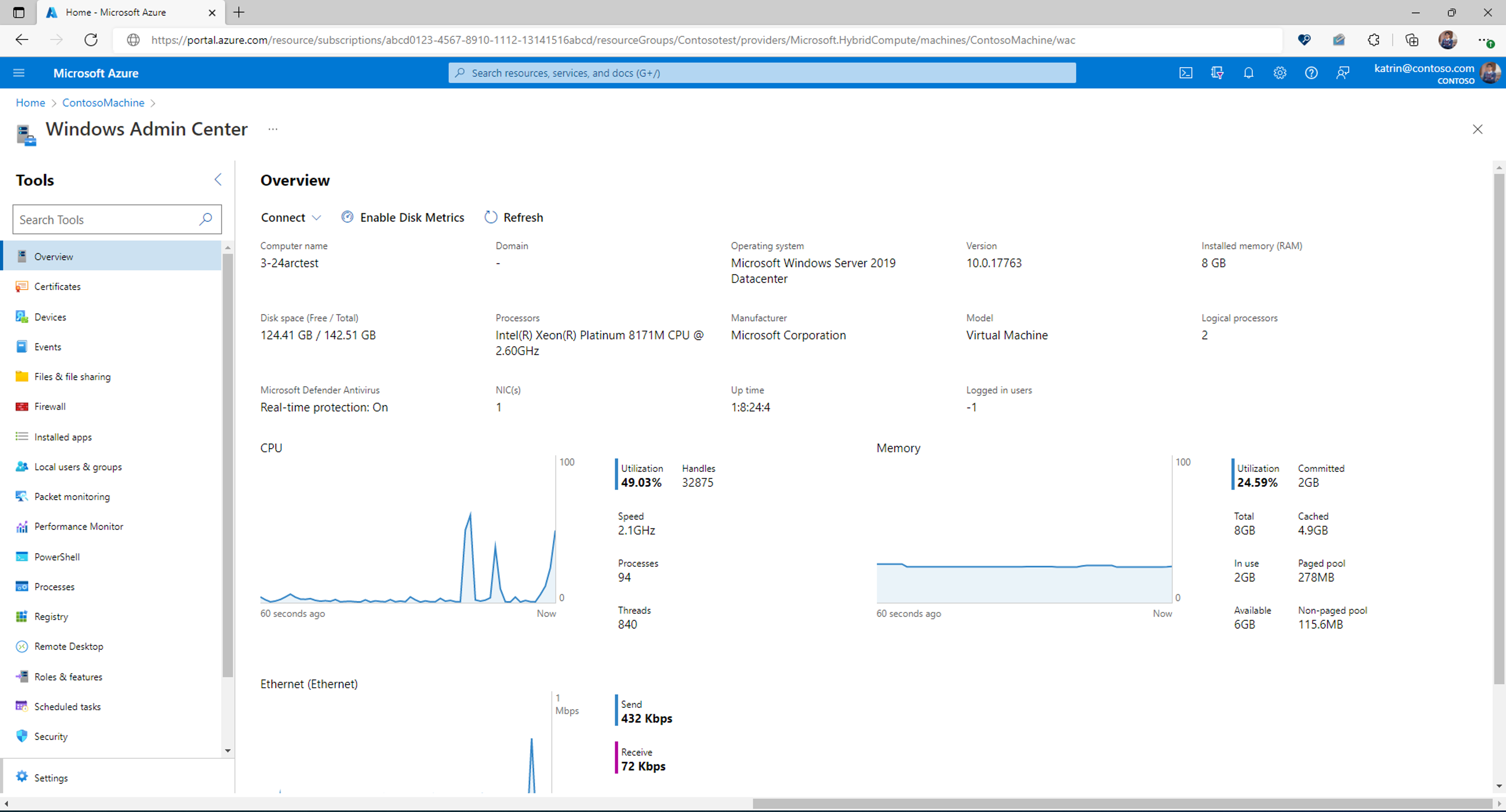Captura de pantalla en la que se muestra el botón Conectar para Windows Admin Center en un servidor habilitado para Arc.