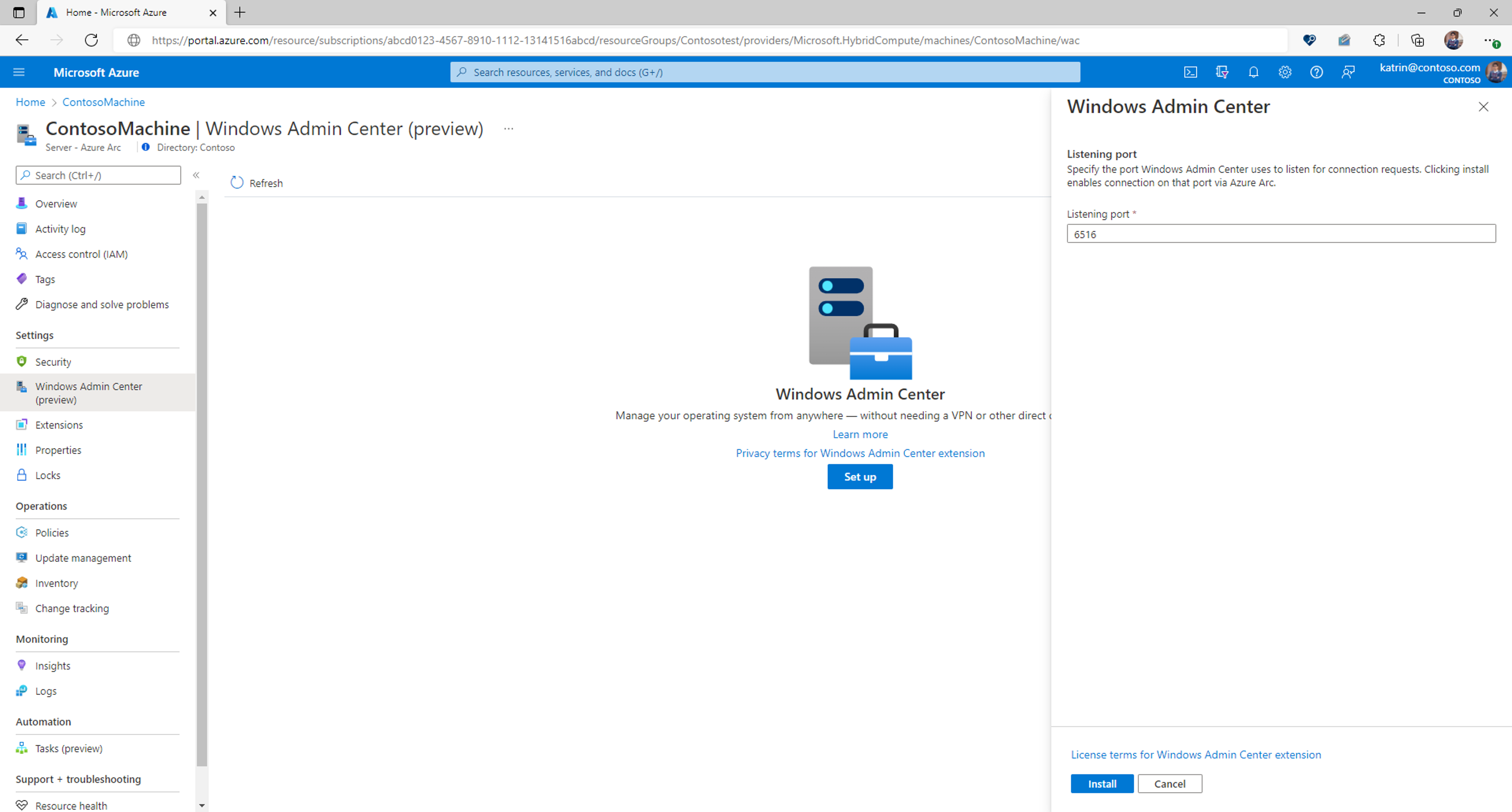 Captura de pantalla en la que se muestra el botón Instalar para Windows Admin Center en un servidor habilitado para Arc.