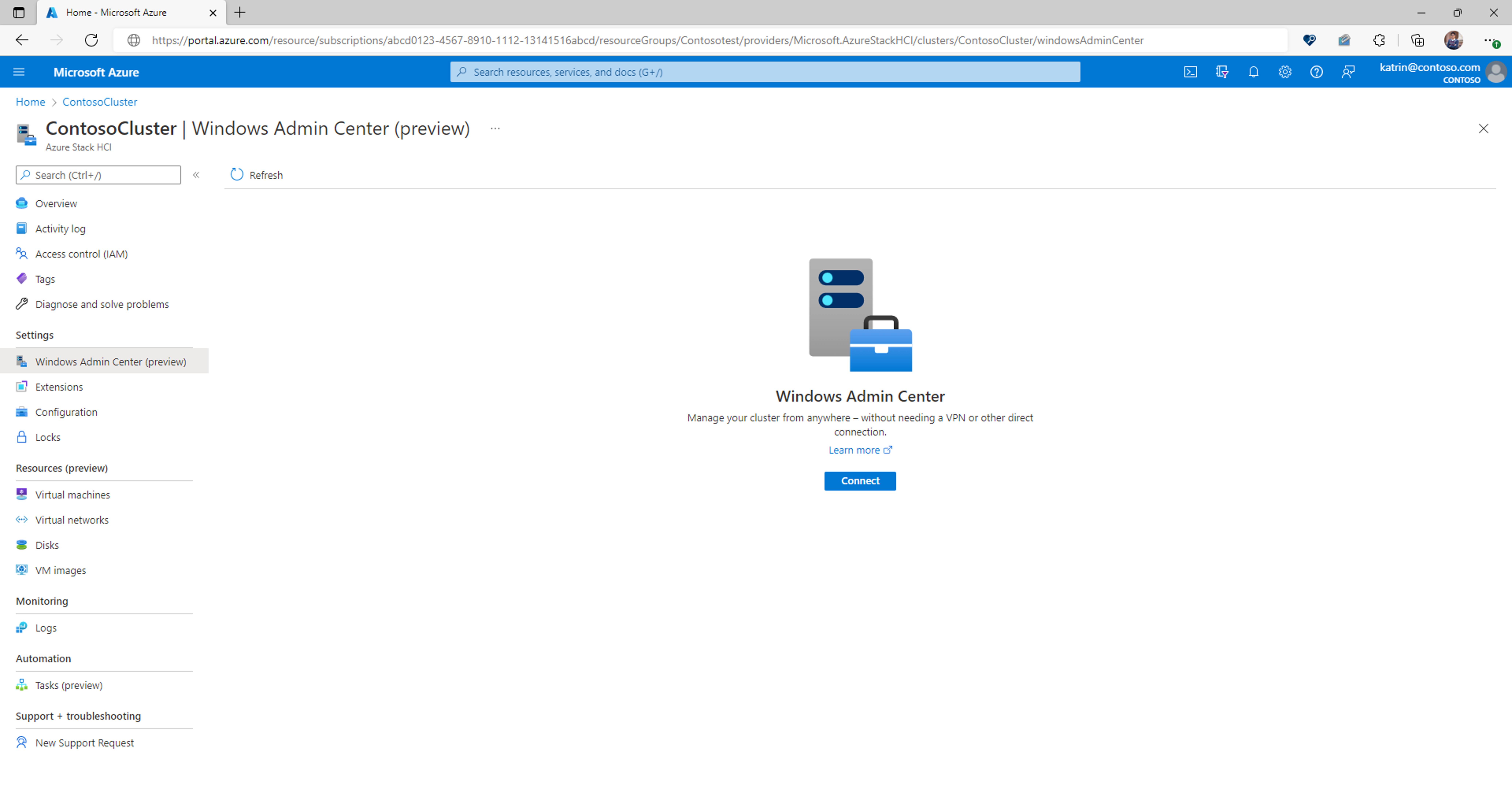 Captura de pantalla que muestra el botón Conectar para Windows Admin Center en un clúster de Azure Local.