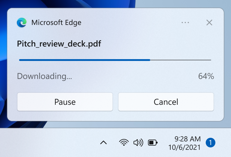 Captura de pantalla de escritorio recortada que muestra una notificación con una barra de progreso.