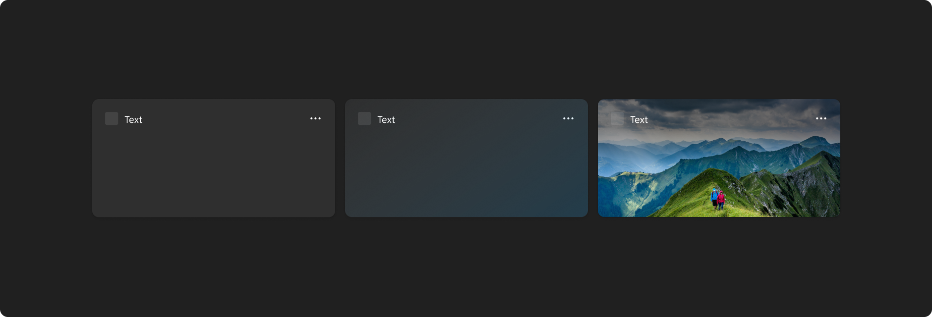 Tres plantillas de widget de ejemplo que muestran el tema oscuro. La primera es un widget vacío con un fondo negro. La segunda es un widget vacío con un fondo degradado oscuro. La tercera es un widget con un fondo de imagen. Las tres tienen la palabra