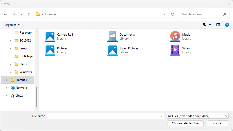 Captura de pantalla de un selector de archivos abierto con un filtro seleccionado para mostrar .txt, .pdf, .doc y .docx archivos.