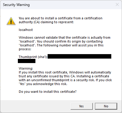 Captura de pantalla de un cuadro de diálogo de Windows en el que se pregunta al usuario si desea instalar un certificado