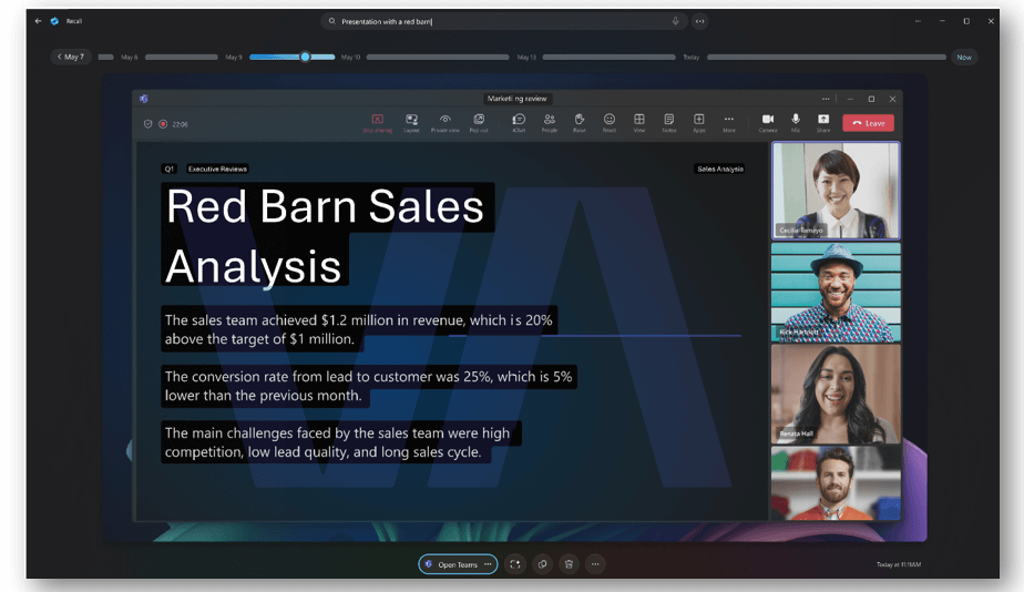 Captura de pantalla de la Recall interfaz que muestra un ejemplo de aplicación Redbarn Sale Analysis.
