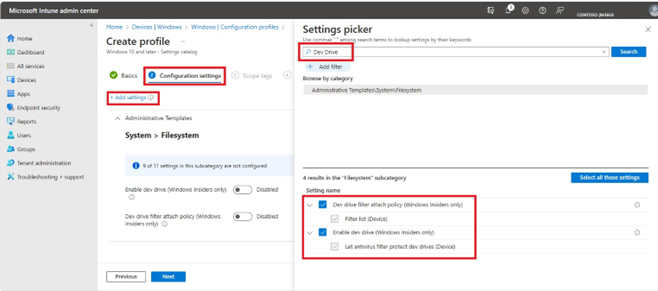Captura de pantalla del selector de configuración del centro de administración de Microsoft Intune con los resultados de Dev Drive
