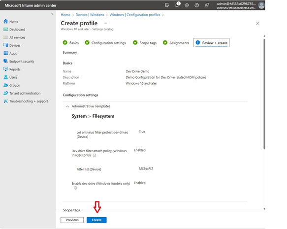 Captura de pantalla del paso final de configuración del perfil en el centro de administración de Microsoft Intune para Revisar y Crear