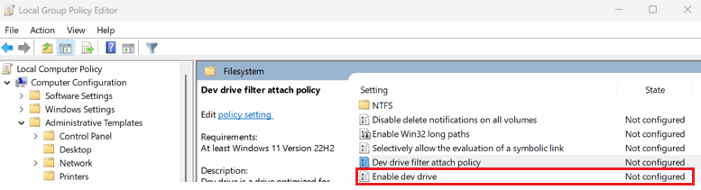 Captura de pantalla de la selección de Habilitar Dev Drive en el Editor de directivas de grupo local