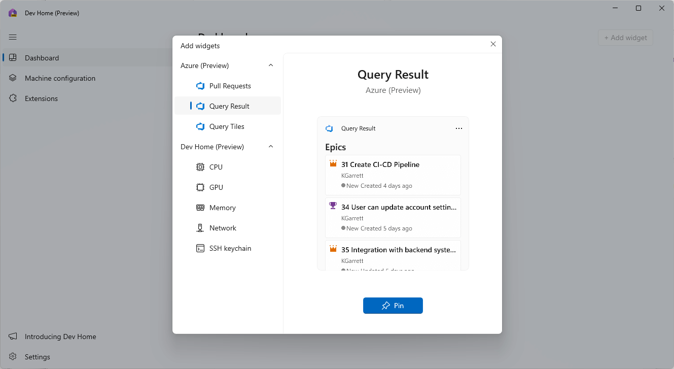 Captura de pantalla de un resultado de consulta de widget de Azure que muestra los elementos de DevOp, incluido un artículo de epopeya y de usuario en Inicio para desarrolladores