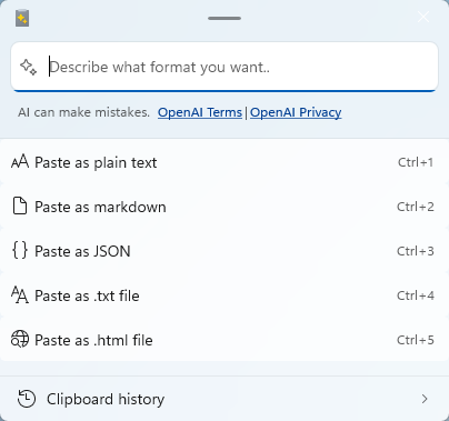 Captura de pantalla de la utilidad Advanced Paste PowerToys para Windows.