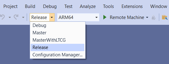 Captura de pantalla que muestra las opciones de compilación en Visual&nbsp;Studio