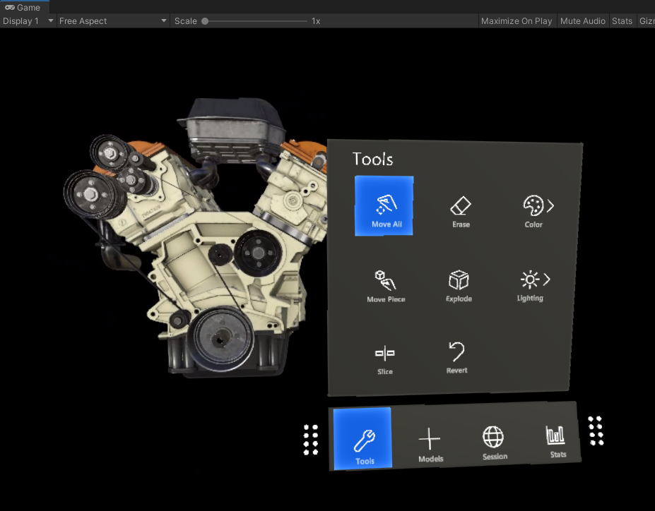 Captura de pantalla de Azure Remote Rendering en la aplicación de presentación de Unity.