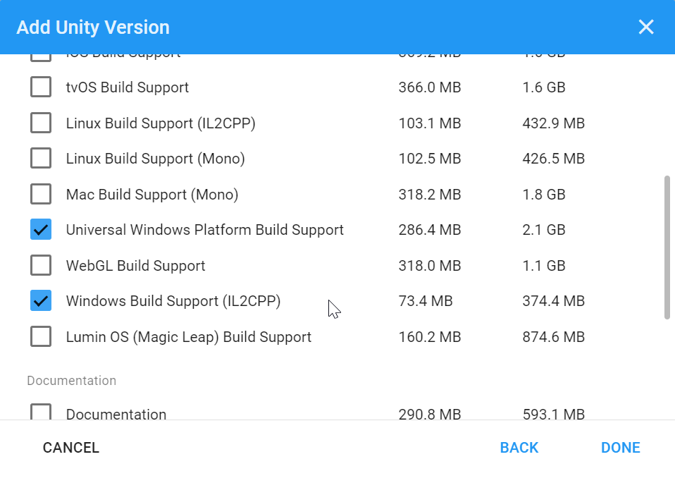 Opción de compatibilidad con compilación de Unity Plataforma universal de Windows