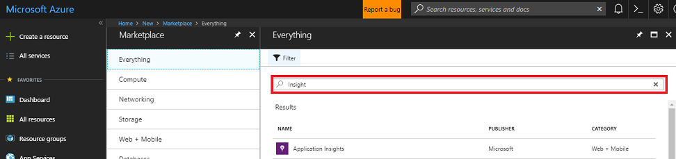Captura de pantalla en la que se muestra Azure Portal, Insight se resalta en el panel Todo.
