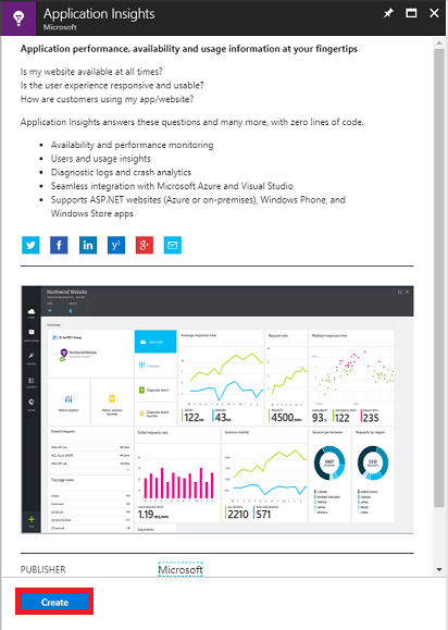 Captura de pantalla de la pantalla de Application Insights, La opción Crear está resaltada.