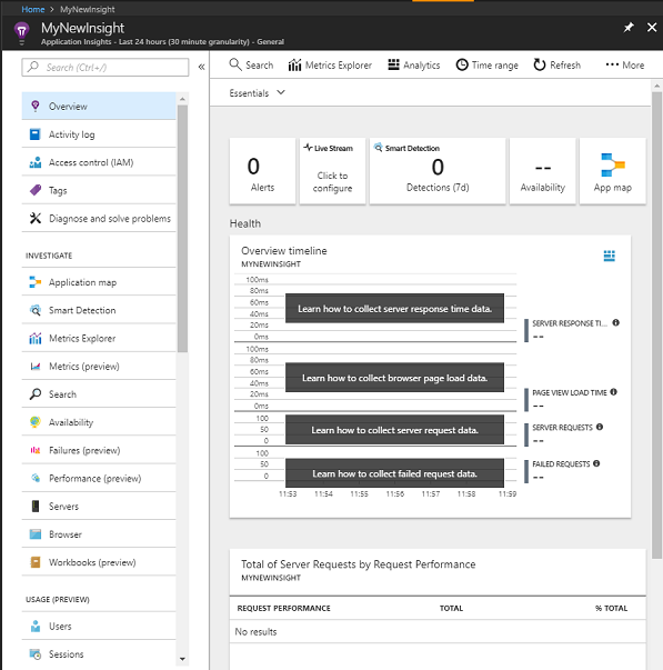 Captura de pantalla que muestra la instancia del servicio Application Insights donde el nombre de la instancia es MyNewInsight.