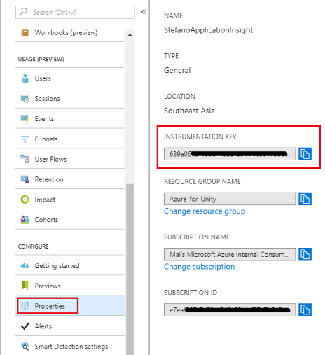 Captura de pantalla que muestra las funciones de servicio, Propiedades se resalta en la sección Configurar y Clave de instrumentación se resalta en el panel principal.