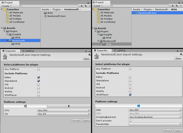 Captura de pantalla de cuatro vistas de los paneles Project e Inspector que muestran los resultados de la configuración de las selecciones de carpeta y complemento newtonsoft.
