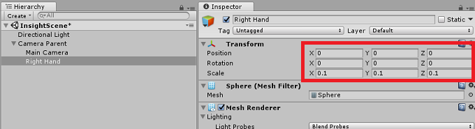Captura de pantalla del panel Jerarquía con la mano derecha seleccionada, La configuración de transformación se resalta en el panel Inspector.