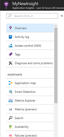 Captura de pantalla del panel MyNewInsight en la que se muestra la lista de opciones. El Explorador de métricas aparece en la sección Investigar.