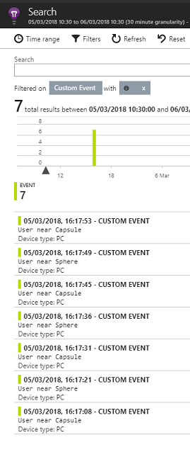 Captura de pantalla del panel Búsqueda que muestra los resultados de un filtro de eventos personalizado.