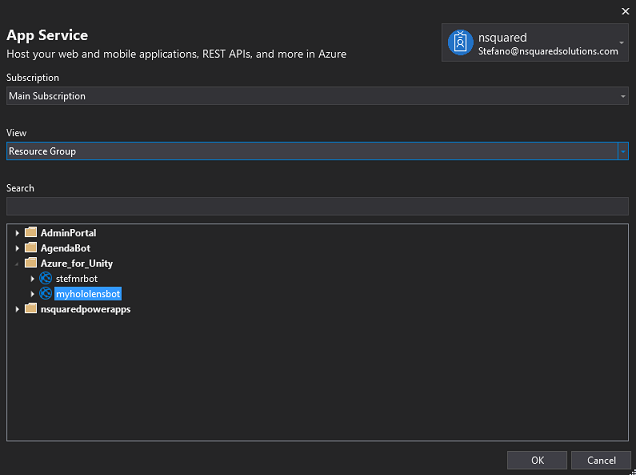 Captura de pantalla que muestra la ventana de App Service con la misma suscripción usada para la creación de la aplicación web Bot Service seleccionada.