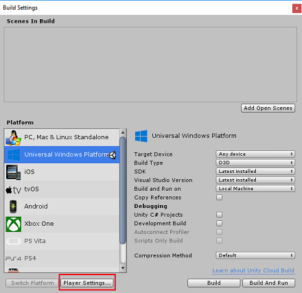 Captura de pantalla de la pantalla configuración de compilación de Unity.