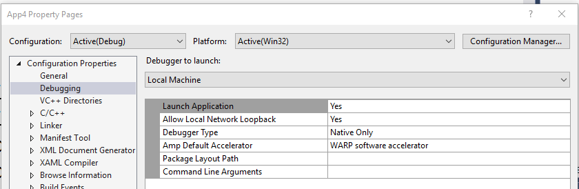 Captura de pantalla de las Páginas de propiedades de App 4 con la opción de Propiedades de configuración > Depuración seleccionada que muestra la propiedad Argumentos de la línea de comandos en la tabla.