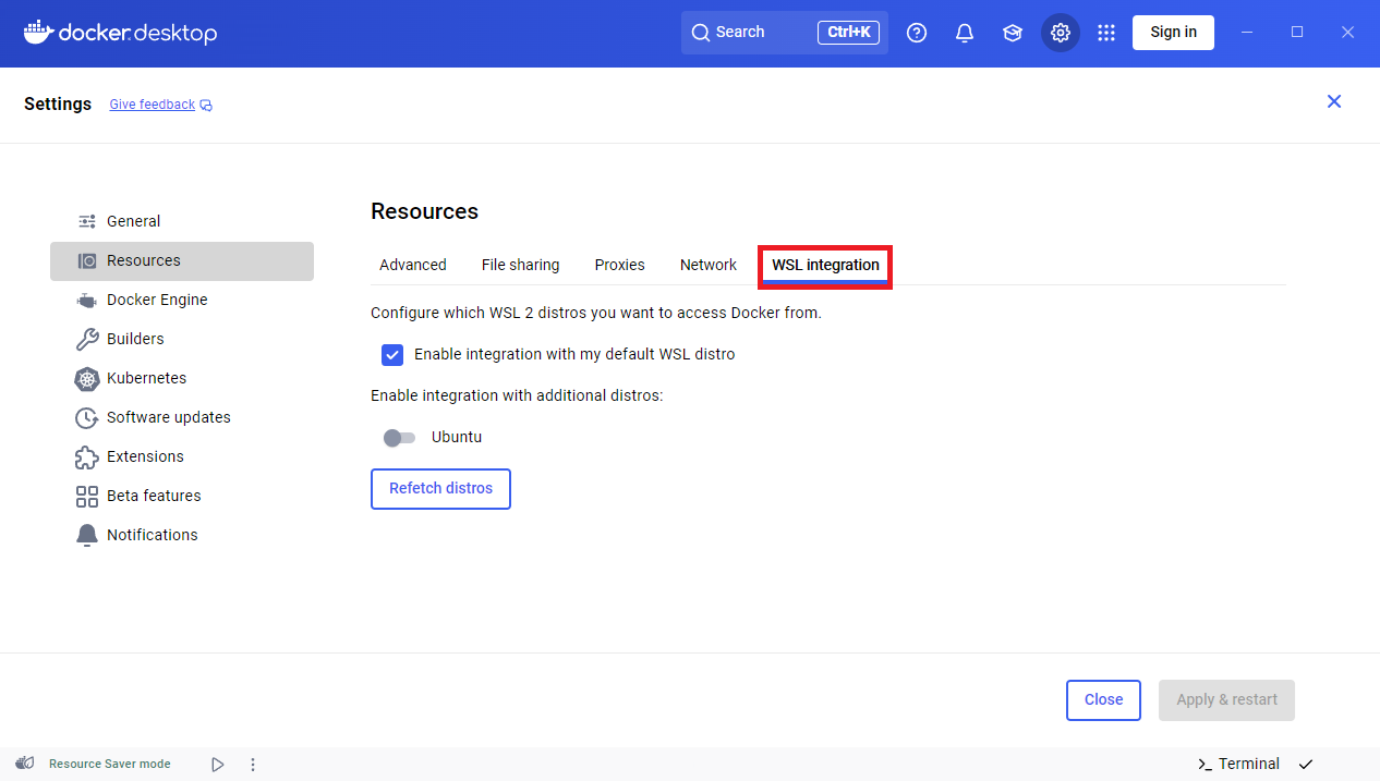 Configuración de recursos de Docker Desktop