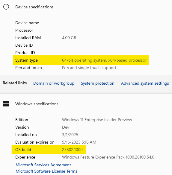 Captura de pantalla de los campos Compilación y Tipo de sistema