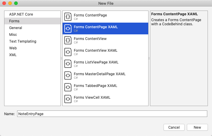 Adición de ContentPage de Xamarin.Forms