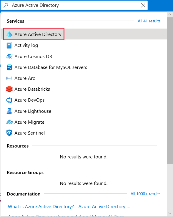 Azure portal search for Azure Active Directory