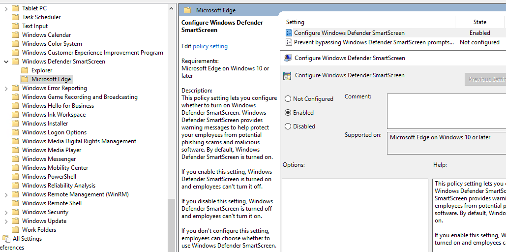 Configure windows defender smart screen on Microsoft Edge