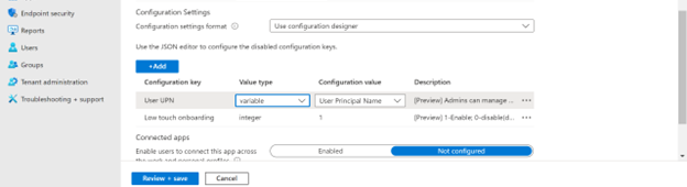 Screenshot showing a low touch onboarding configuration policy.