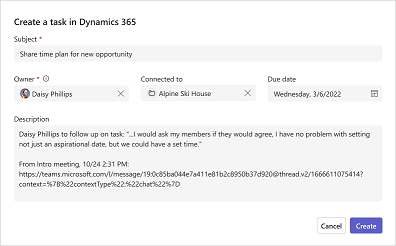 Screenshot showing the Create CRM task in Dynamics 365.