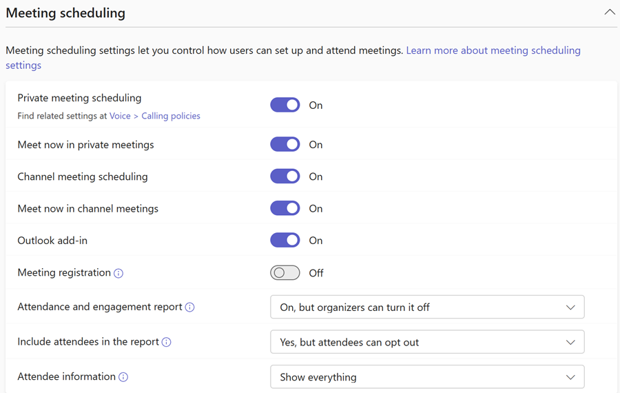 Screenshot of Teams meeting scheduling policies in the Teams admin center.