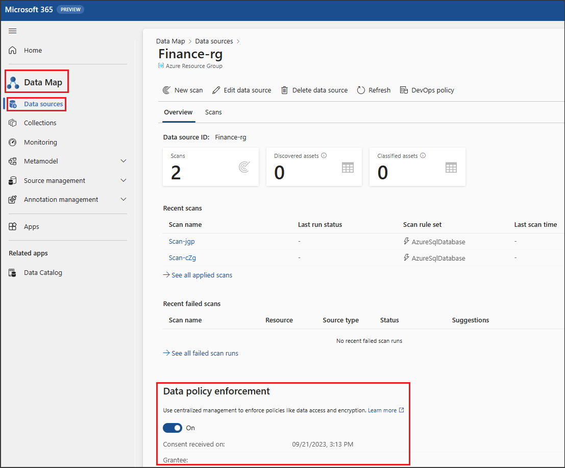 Set data policy enforcement toggle to **On** within data source details.