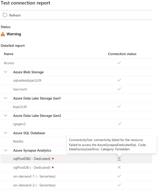 Screenshot showing an example test connection report, with some connections passing and some failing. Hovering over one of the failed connections shows a detailed error report.