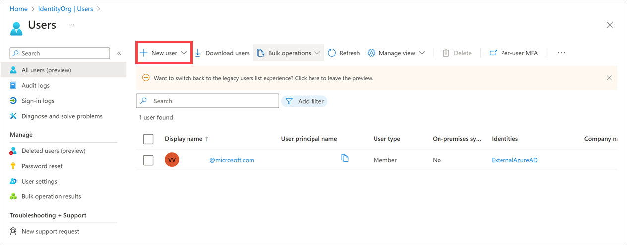 Screenshot showing the New User button highlighted in the Microsoft Entra admin center.